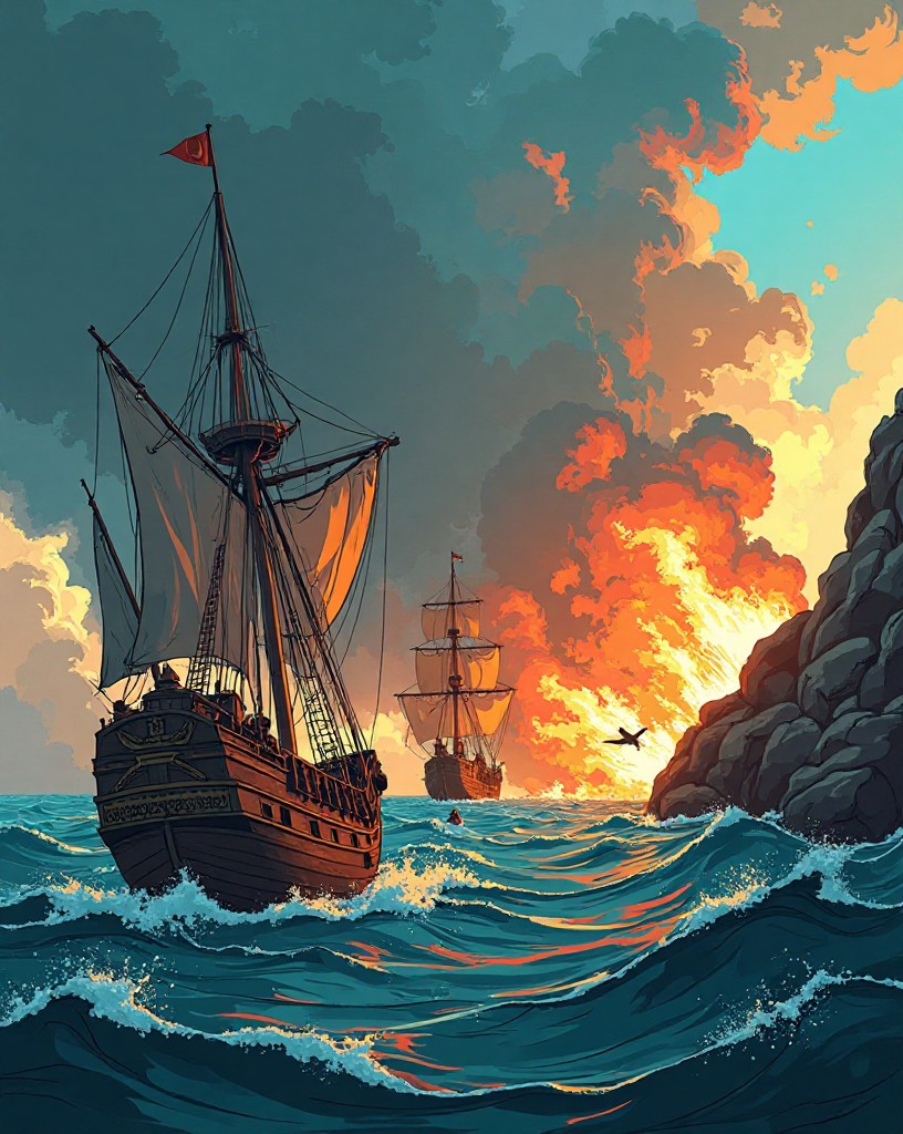 Small ships darting in to fire and pulling away from towering galleons.
