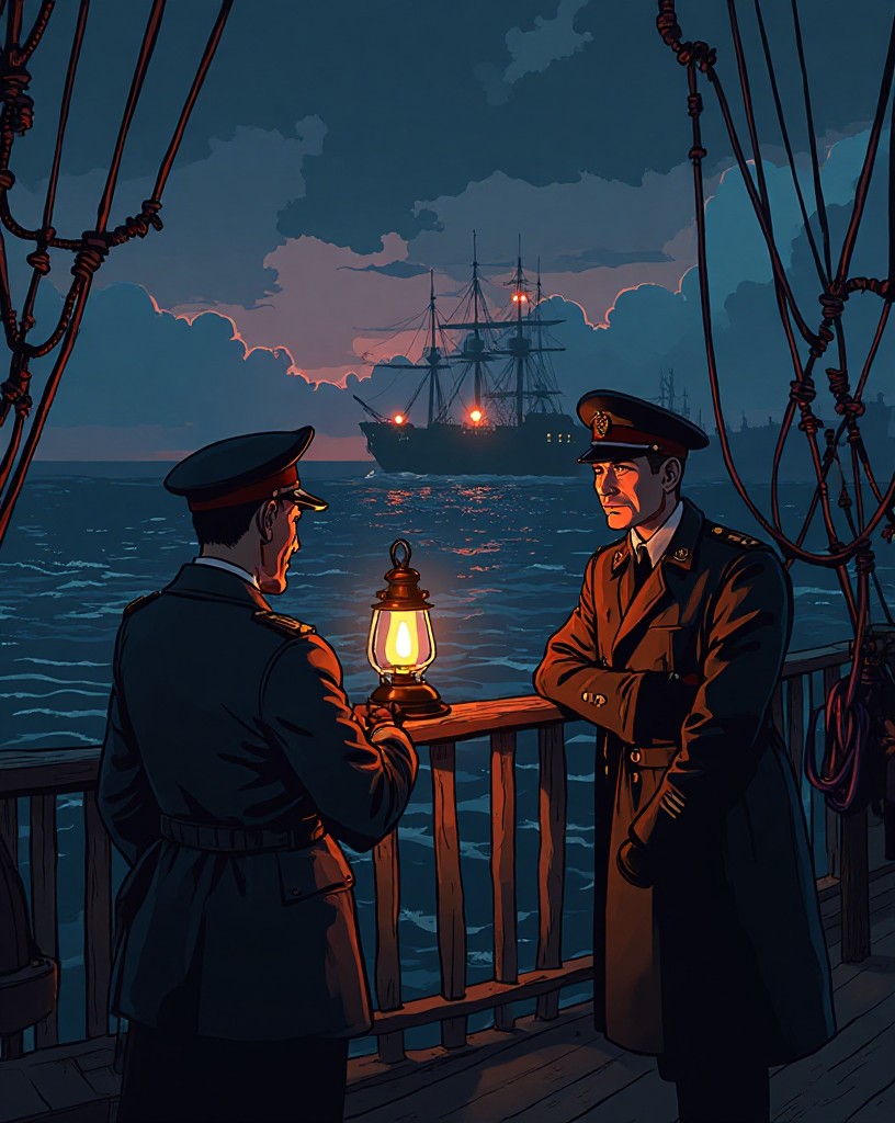 English officers conferring by lantern on a deck at dusk, enemy lights on the horizon.