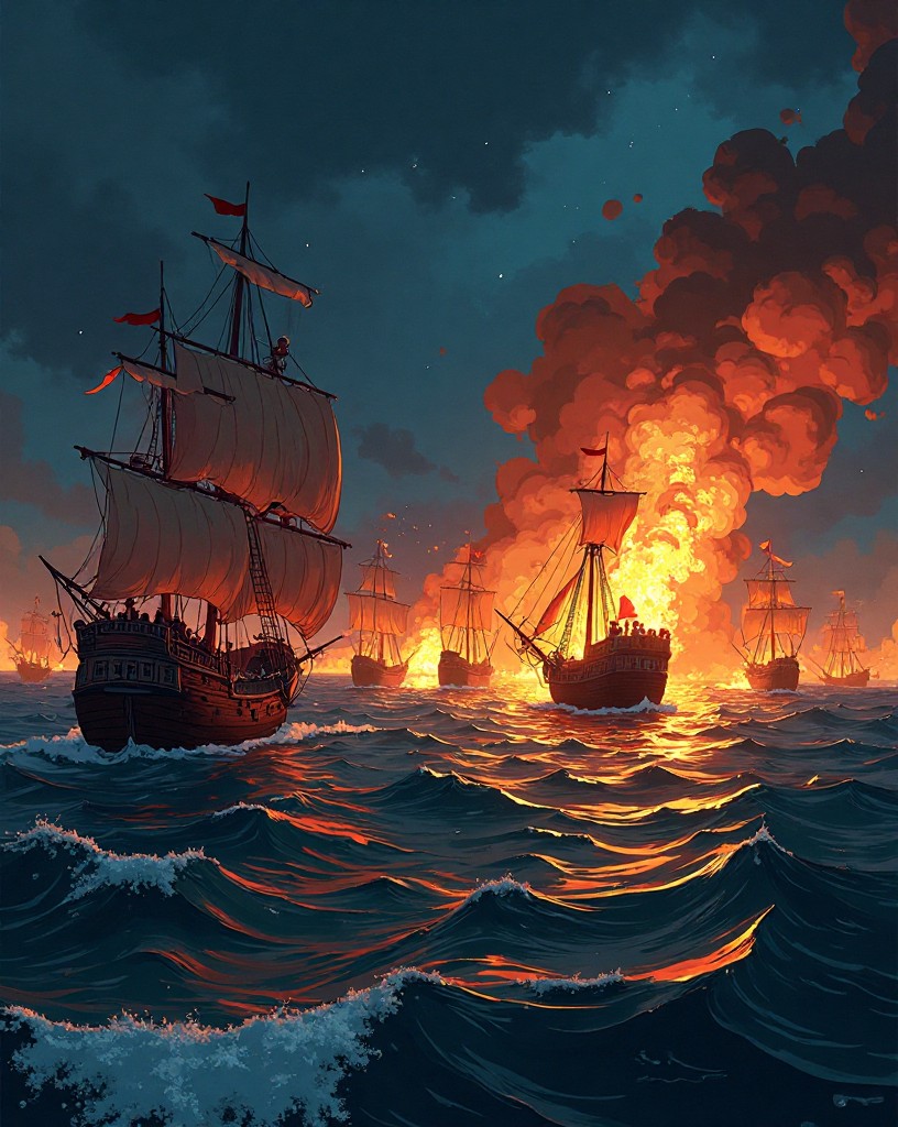 Blazing unmanned ships drifting toward a mass of anchored galleons at night.