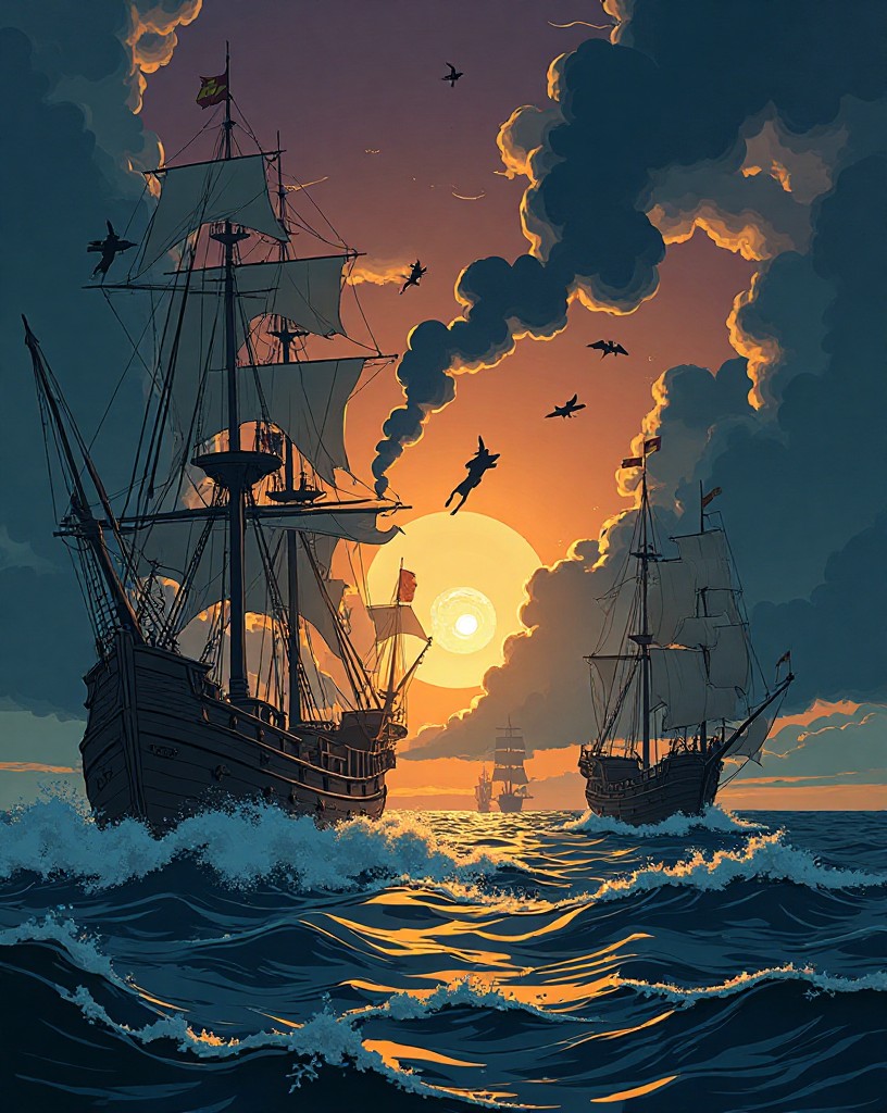 Great galleons scattering in disorder away from fireships in the dark.