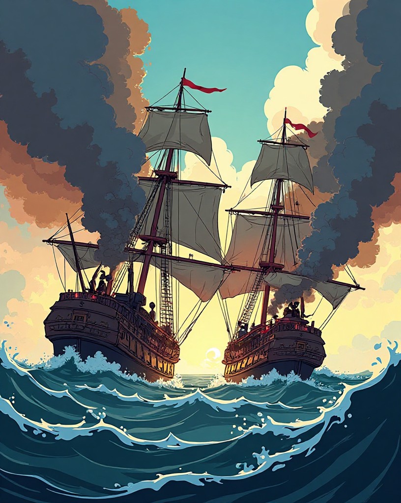 Ships locked in close cannon duel under heavy smoke, a galleon listing and holed.