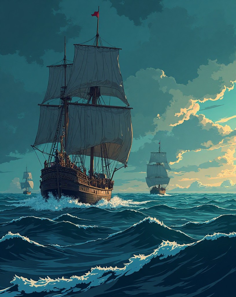 A battered fleet sailing north into dark, cold northern waters under a threatening sky.
