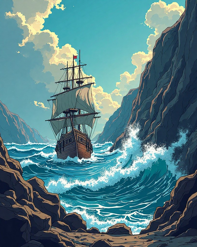 Galleons driven onto jagged rocks by towering storm waves on a wild coast.
