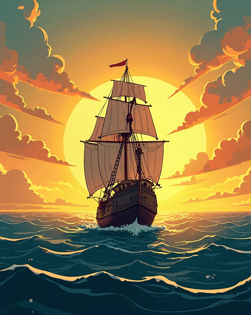 A lone English galleon sailing into a bright open horizon at dawn.