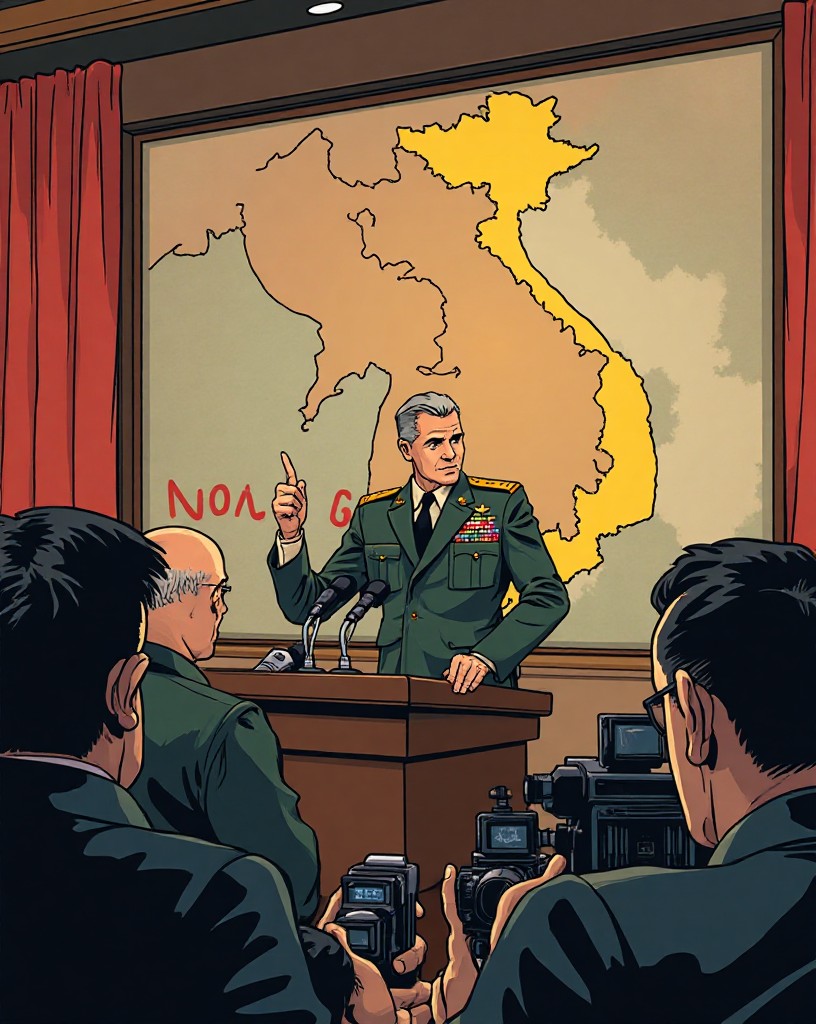 A general at a press briefing pointing at a map of Vietnam before reporters.