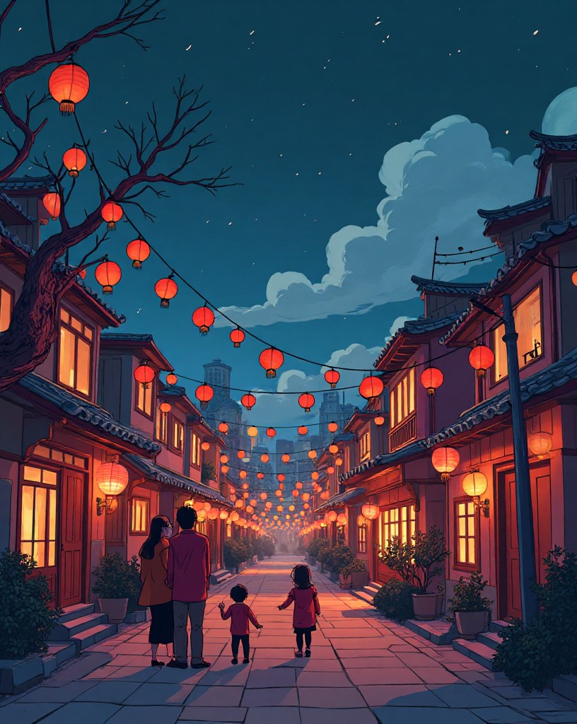 A peaceful city decorated with lanterns for the new year, families celebrating.