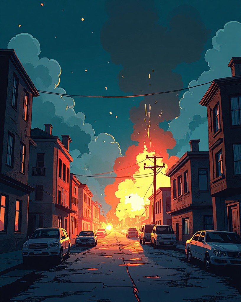 Gunfire and explosions erupting across a sleeping cityscape at night.