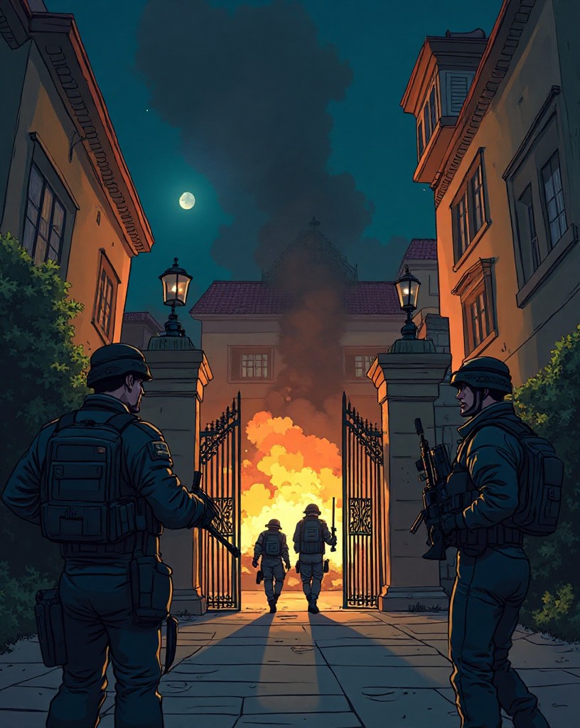 Smoke and gunfire around a fortified embassy compound gate at night.