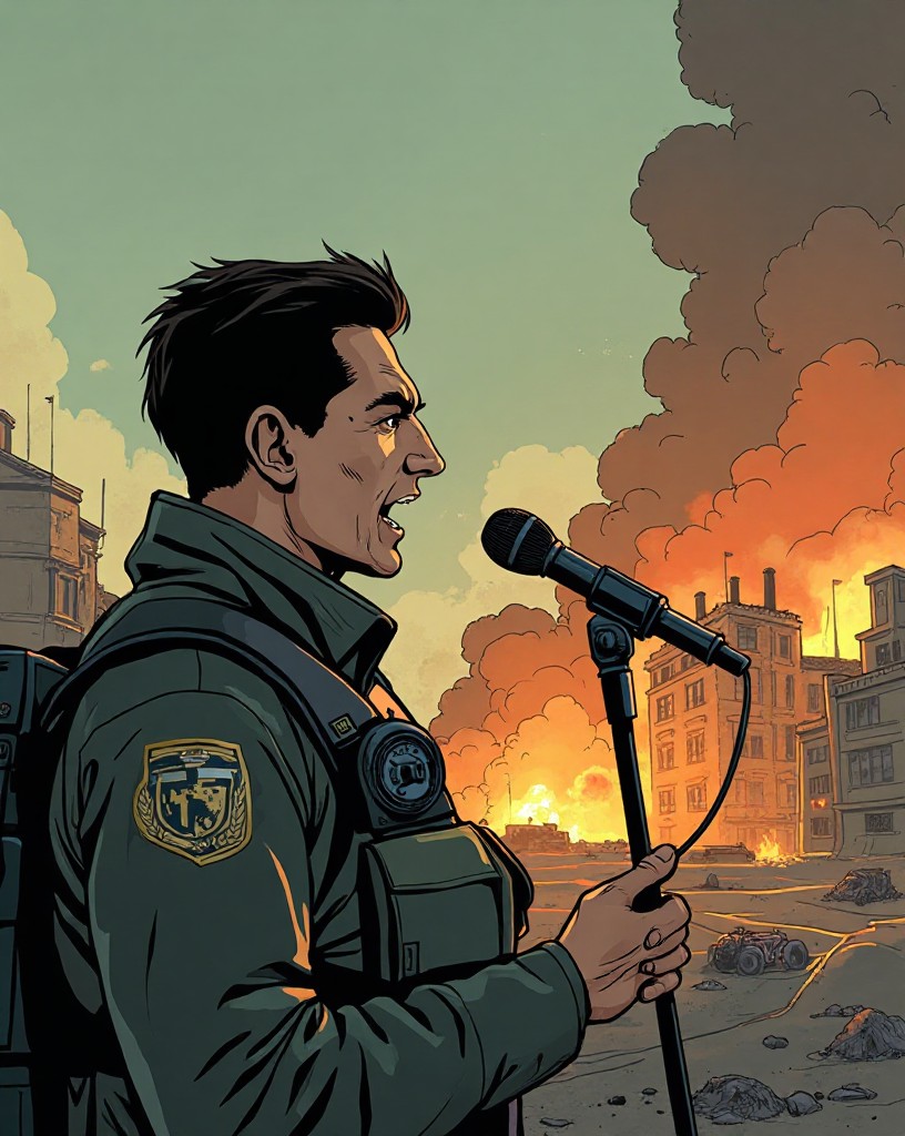 A war correspondent speaking urgently into a microphone before a smoking building.