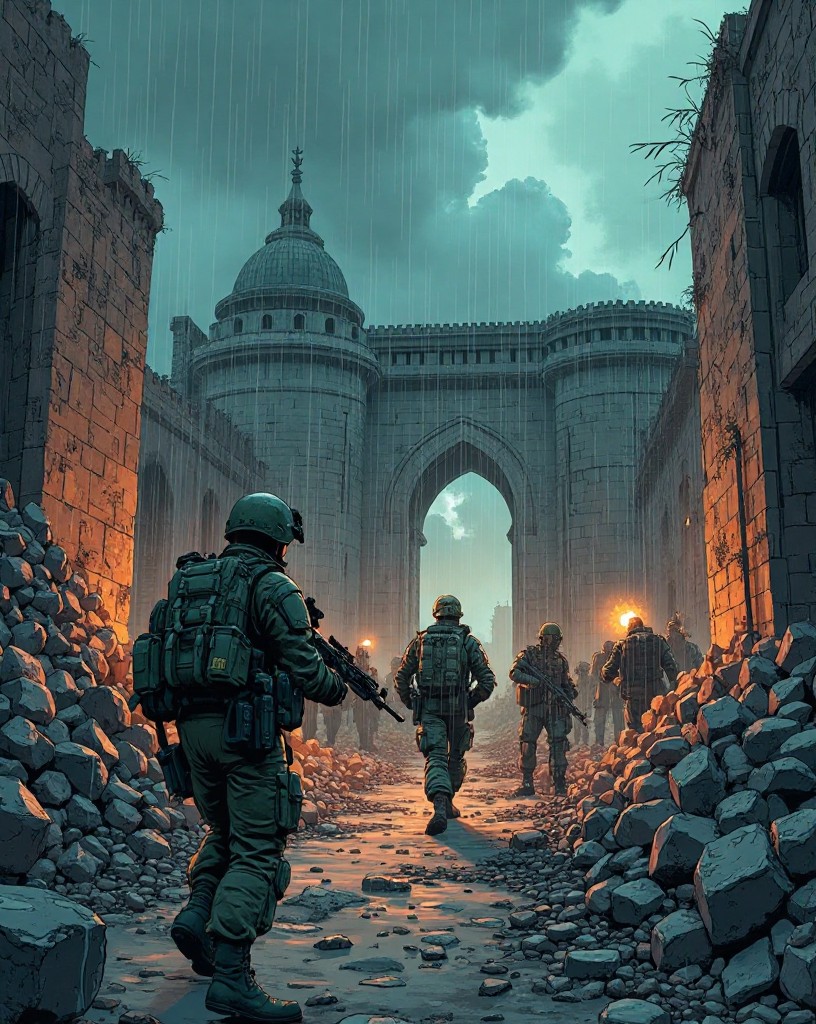 Marines fighting through a rubble-strewn old walled city in the rain.