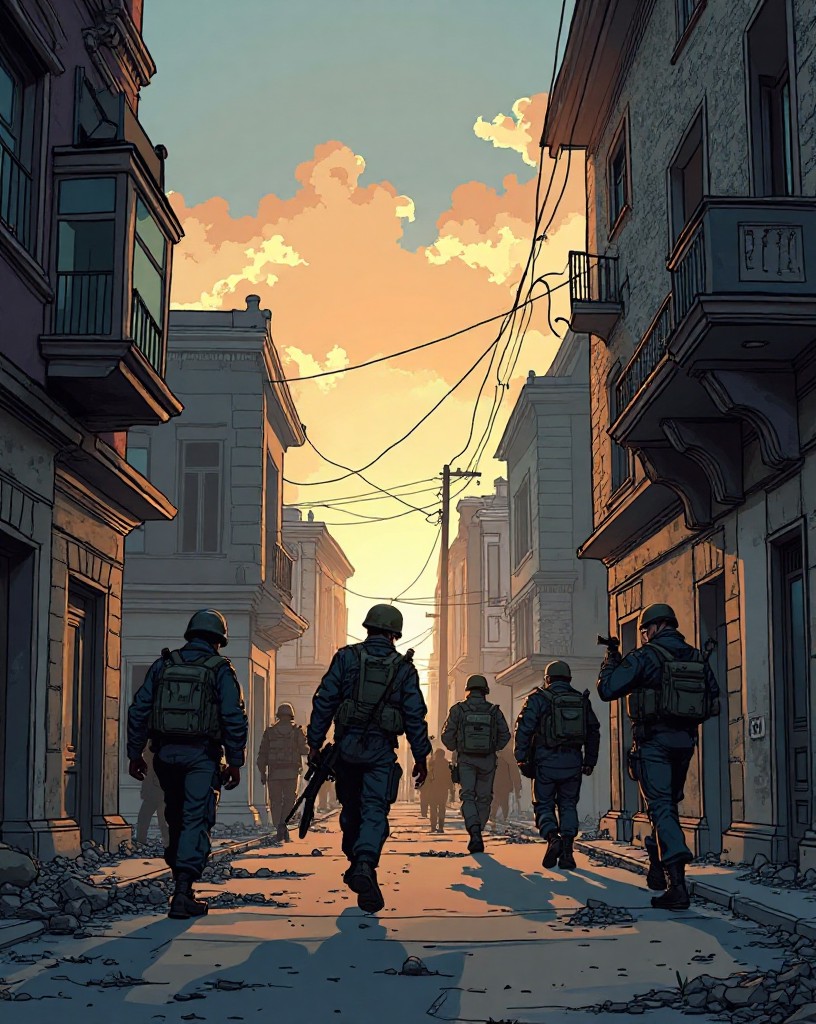Exhausted attackers withdrawing through a ruined street at dawn.