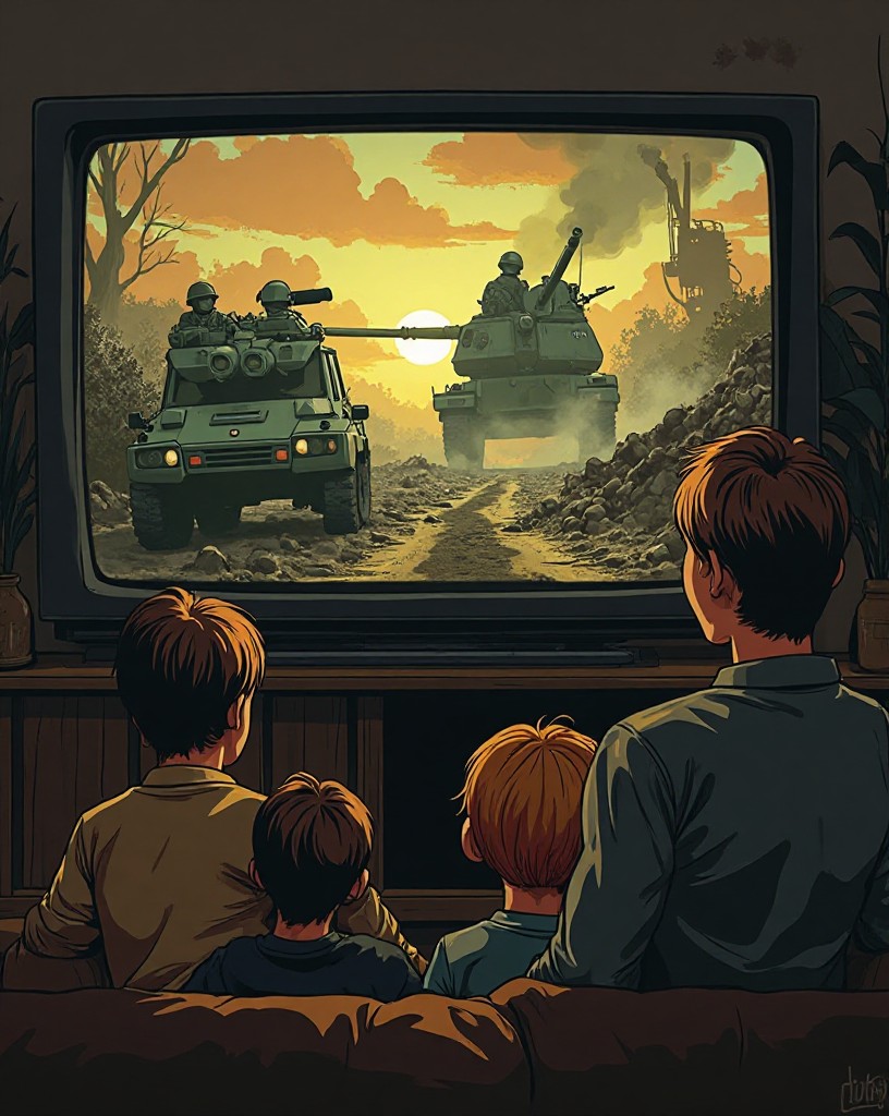 An American family watching grainy war footage on a living-room television.