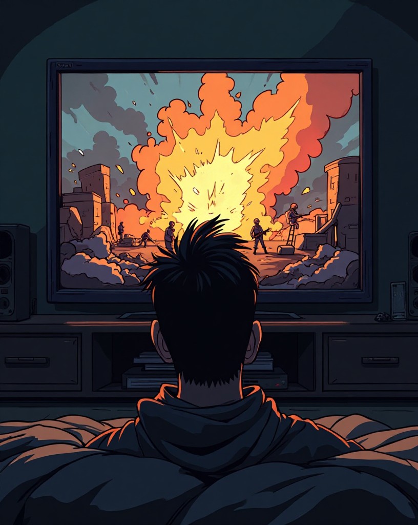 A television screen filled with chaotic combat footage in a dark room.