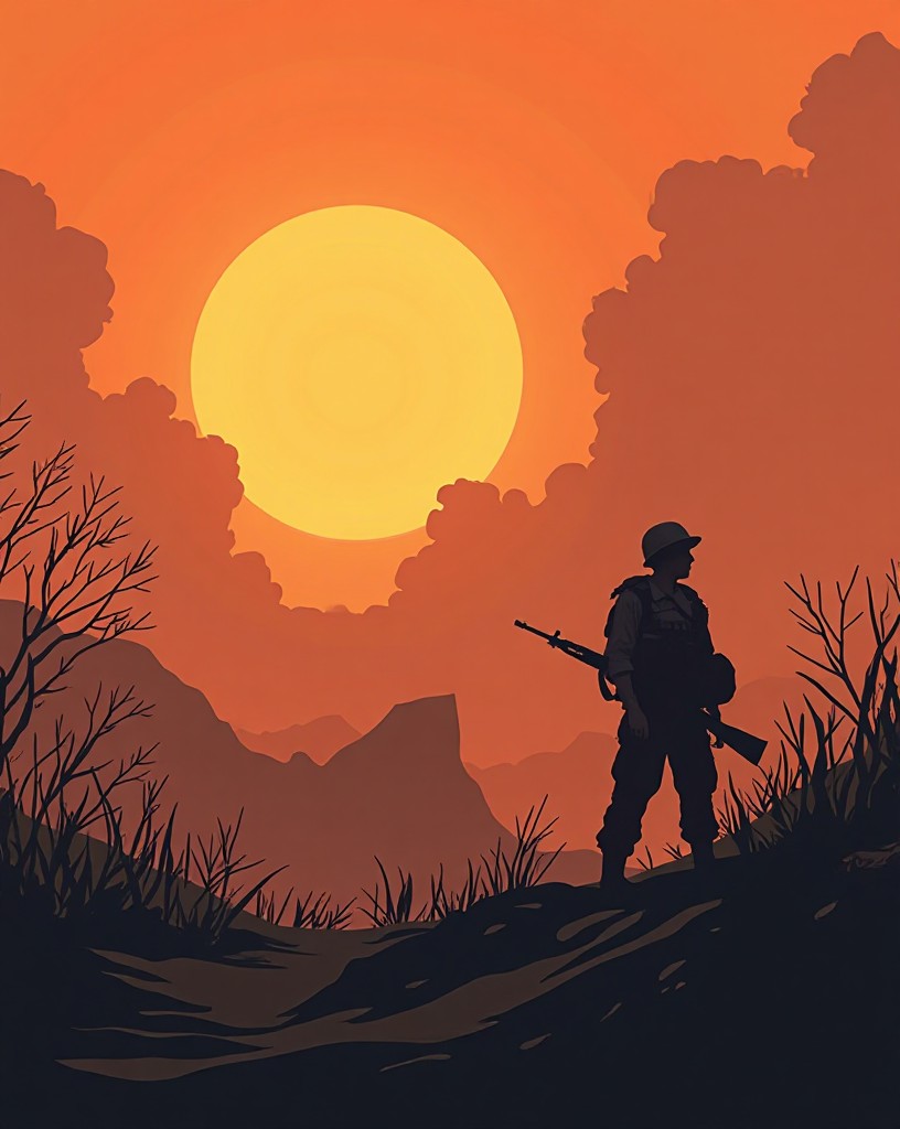 A lone soldier silhouetted against a smoky sunset over a Vietnamese landscape.