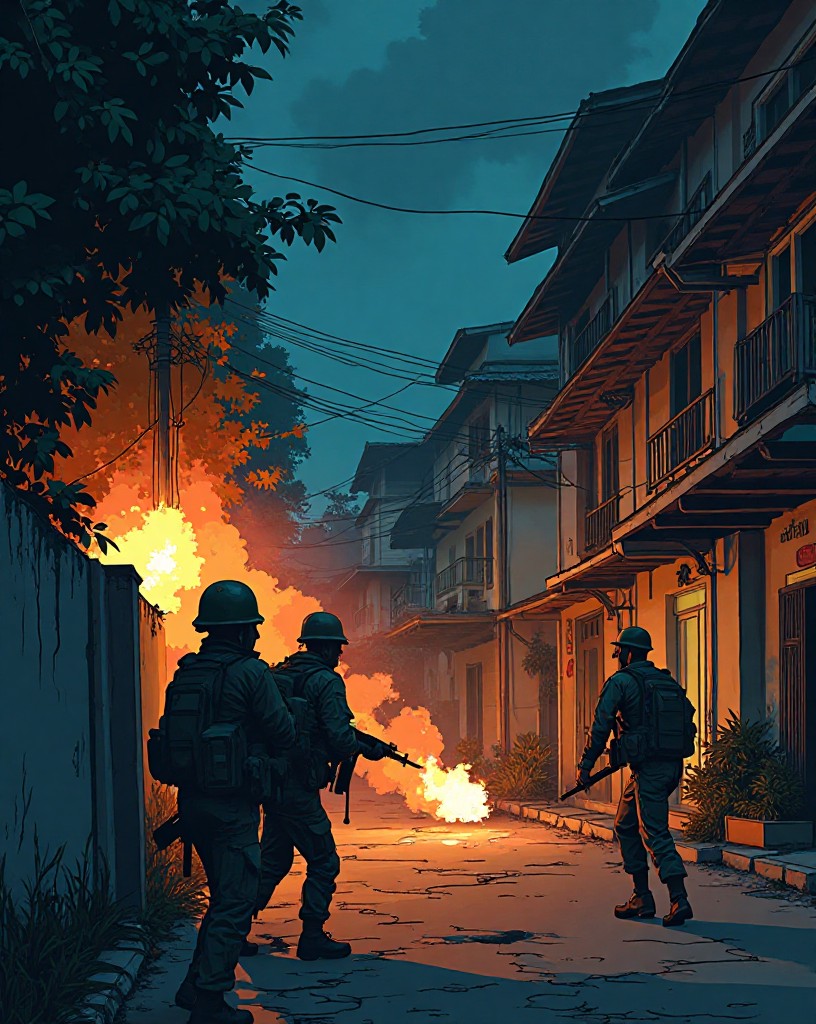 A city street at night lit by flares and fire, soldiers taking cover, cel-shaded comic art.