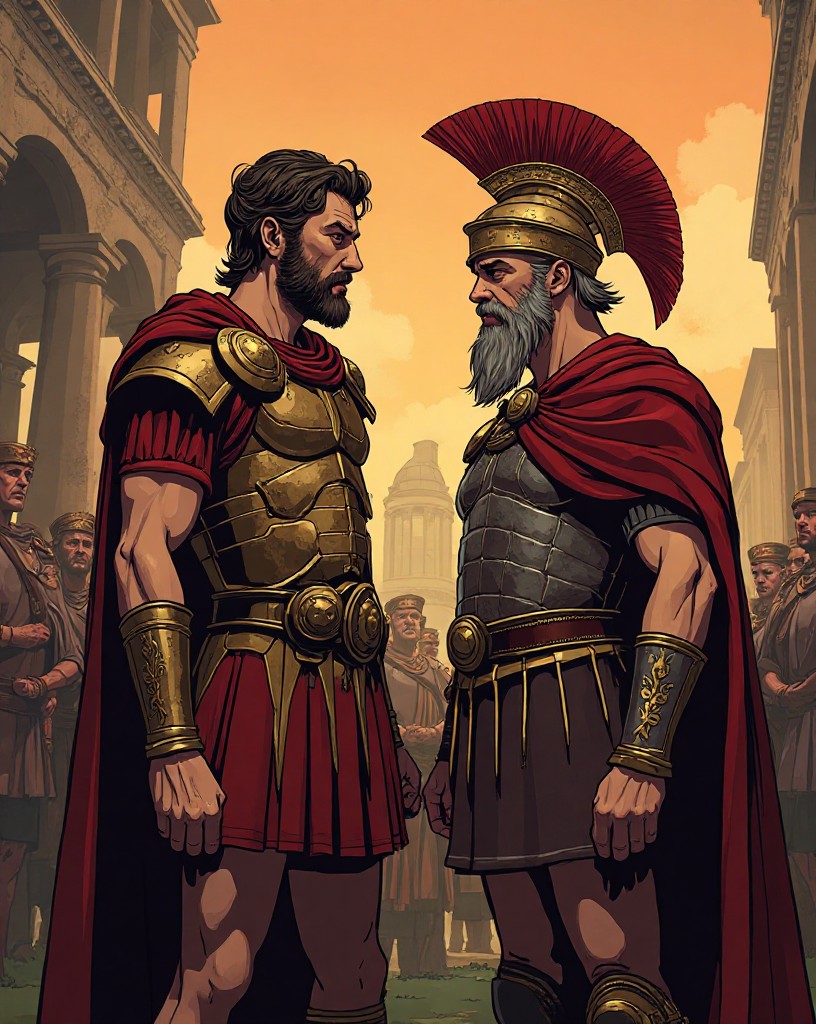 A Germanic noble in Roman officer's dress beside a Roman general, a hidden look.