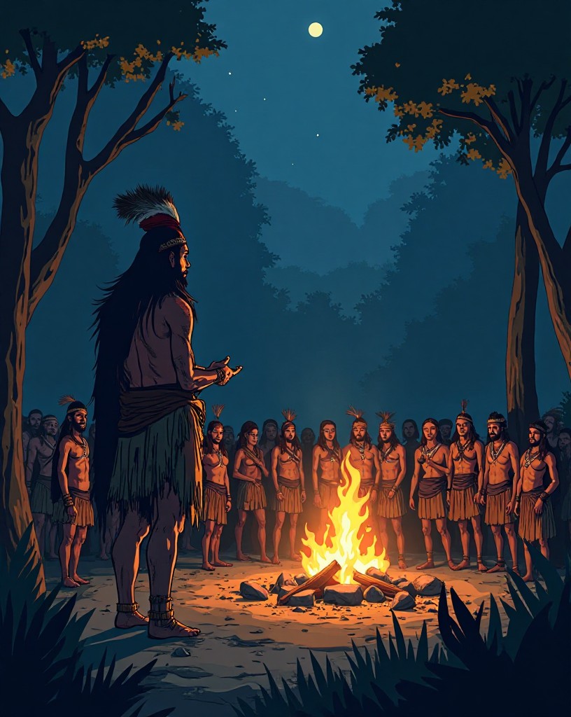 A chieftain addressing tribal warriors by firelight in a forest clearing at night.