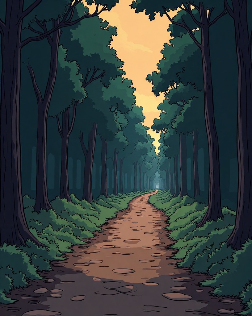 A long Roman column winding off a road into dense dark woods.