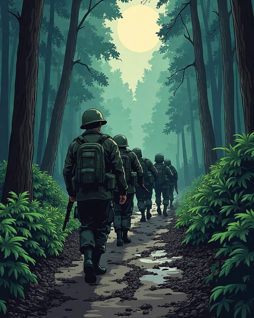 Soldiers slogging through mud and rain on a narrow forest track in the gloom.