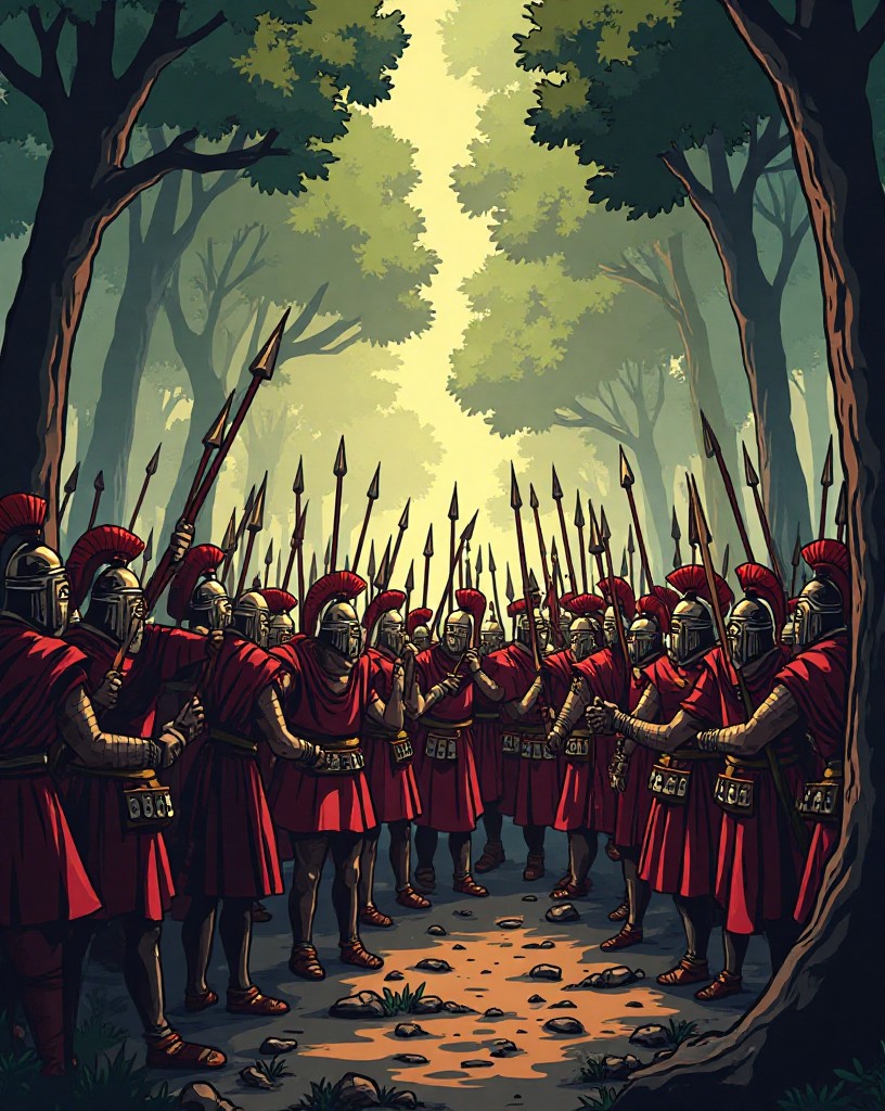 Spears flying from the dark treeline into a crowded column of legionaries.