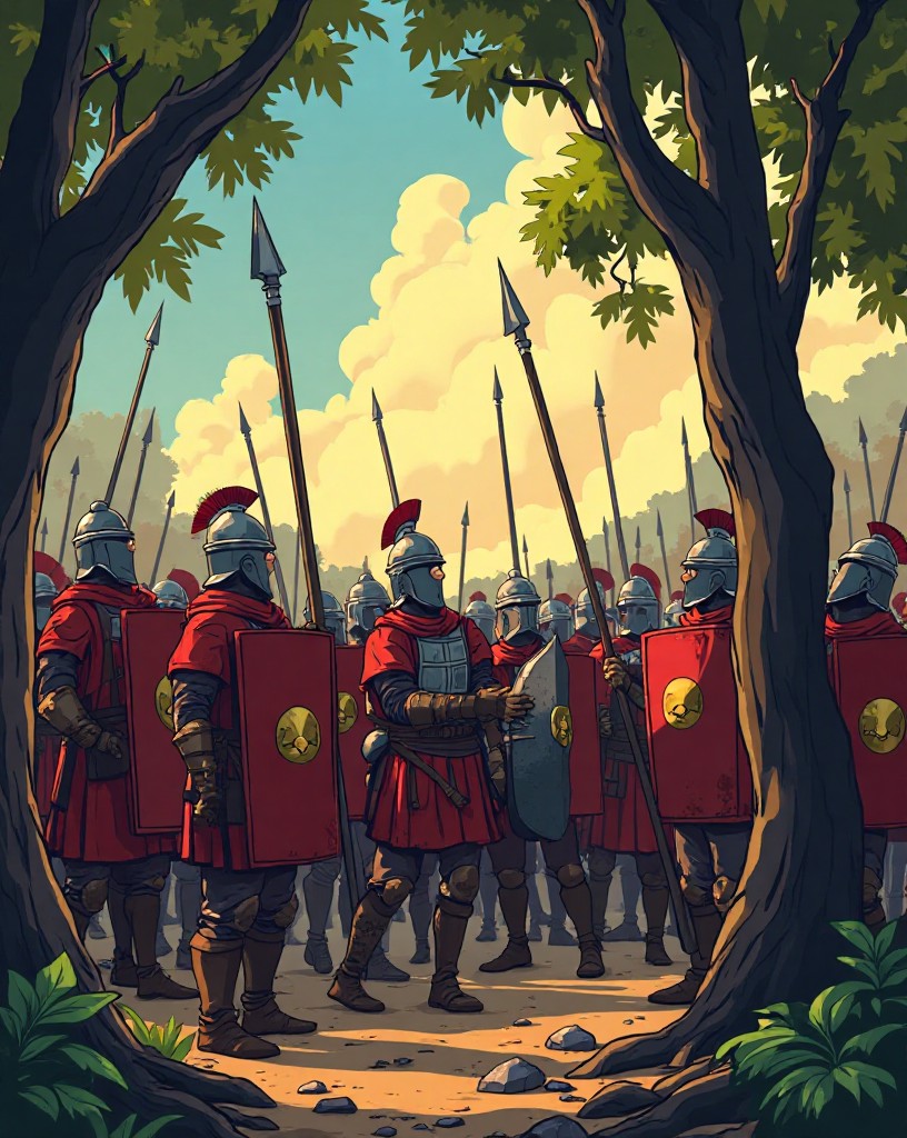 Legionaries struggling to form up among crowding trees, unable to make a line.