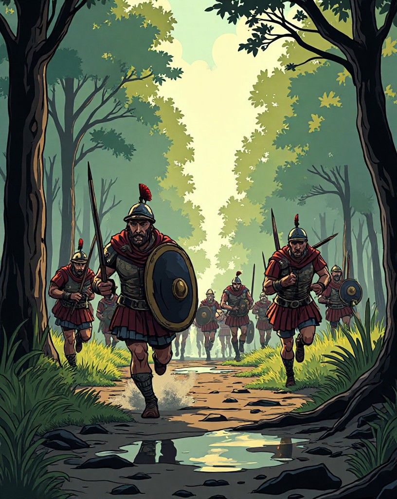 A running forest battle over broken ground as Romans fall back through bog.