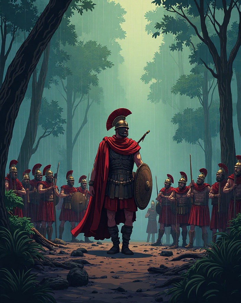 A Roman commander amid the ruin of his army in a rain-soaked forest.