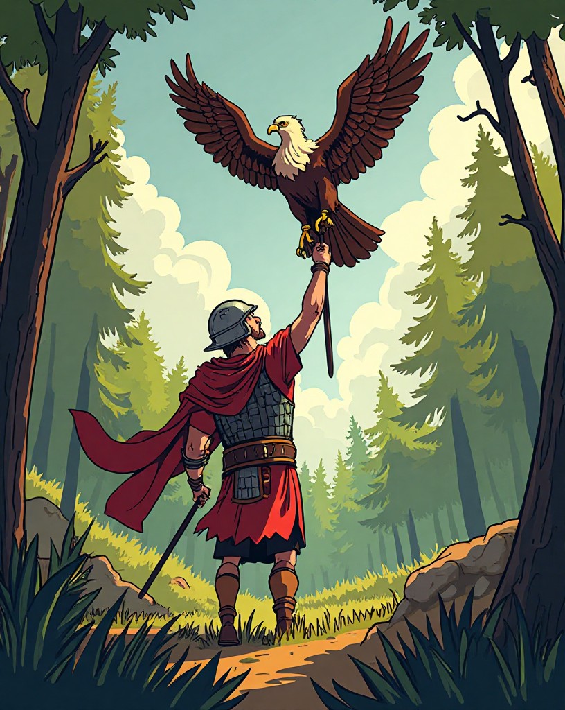 A triumphant warrior raising a captured Roman eagle standard in a forest clearing.