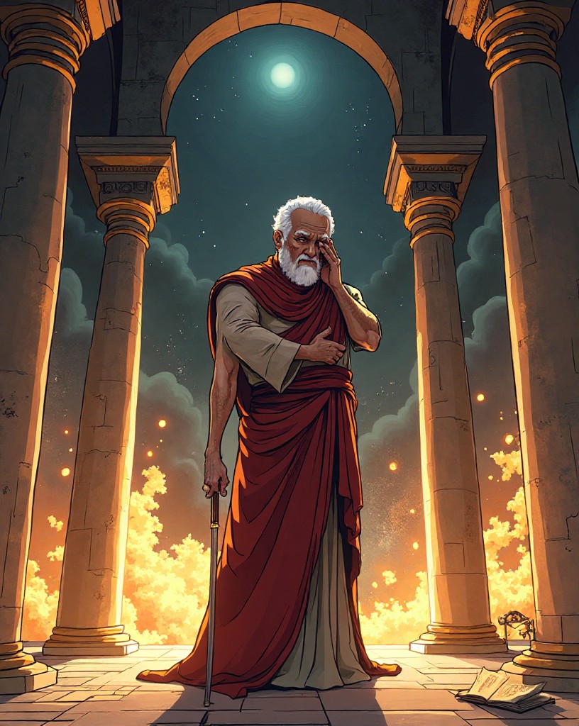 An aged emperor in distress in a marble palace, the weight of disaster upon him.