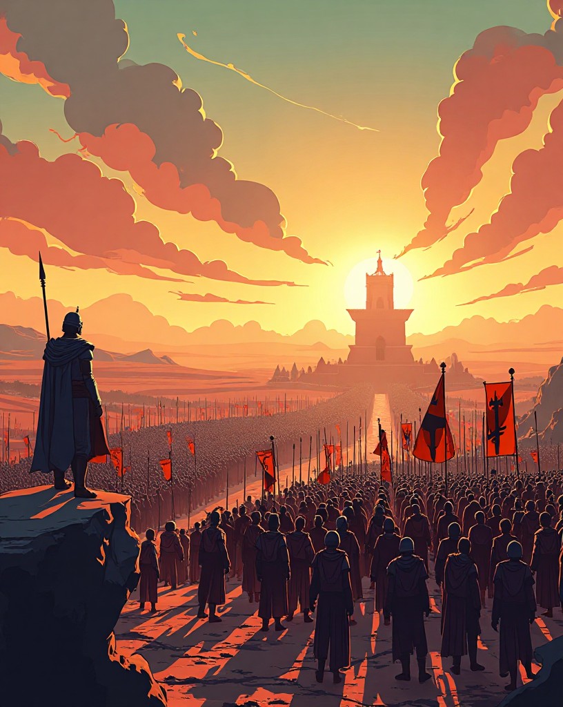 An enormous Persian army stretching to the horizon beneath a king's high seat.