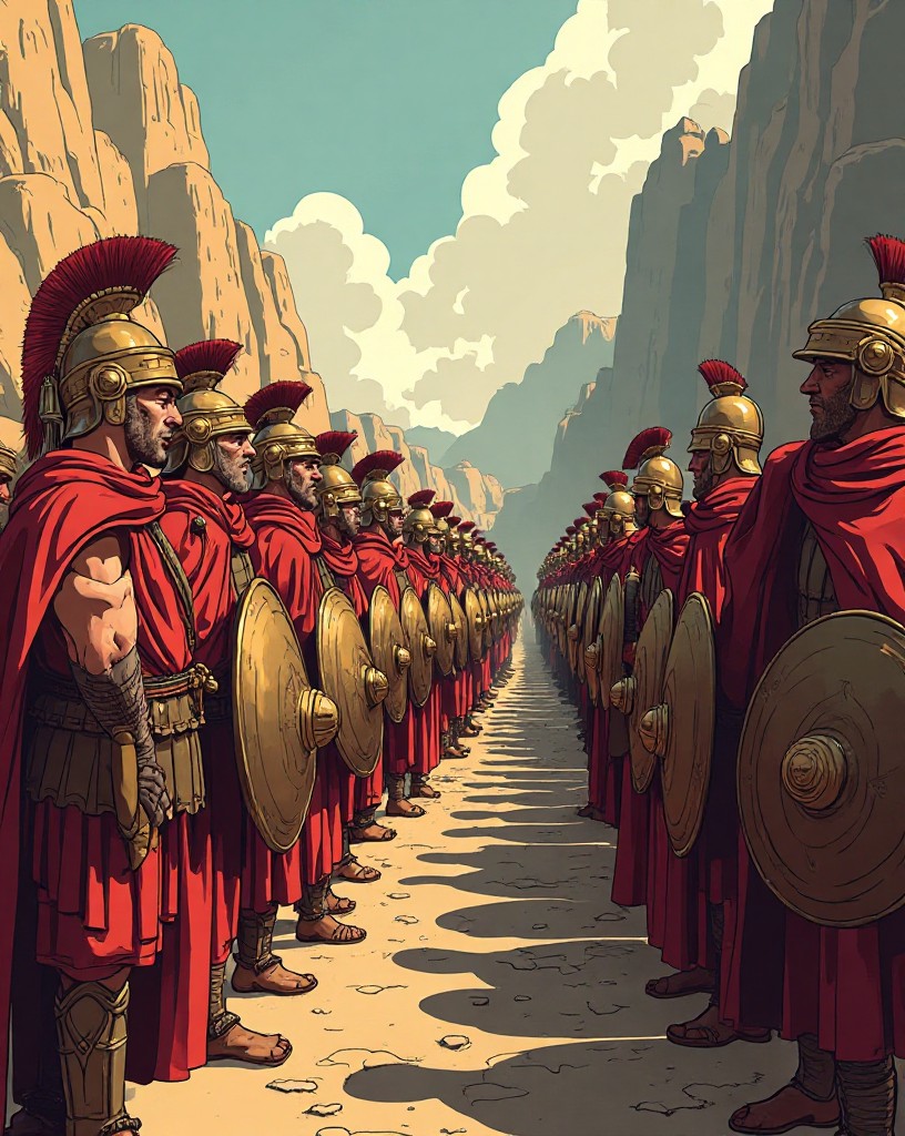 A phalanx of Greek hoplites with locked shields formed across the pass.
