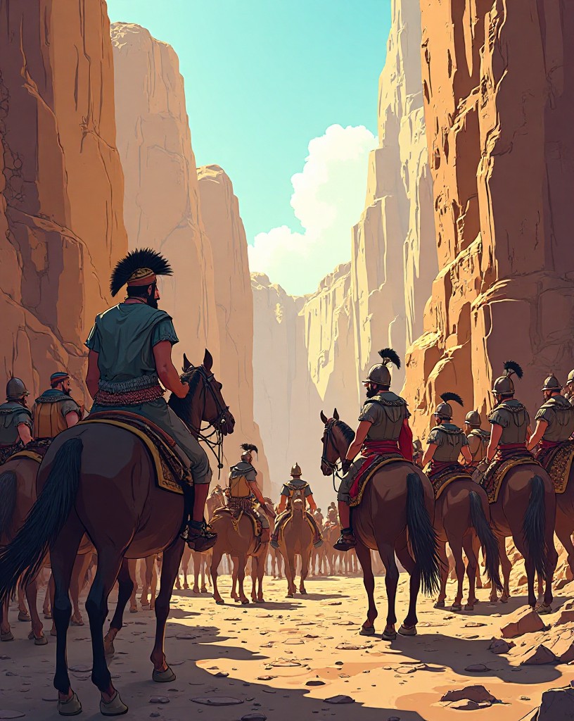 Persian envoys addressing the Greek warriors at the mouth of the pass.