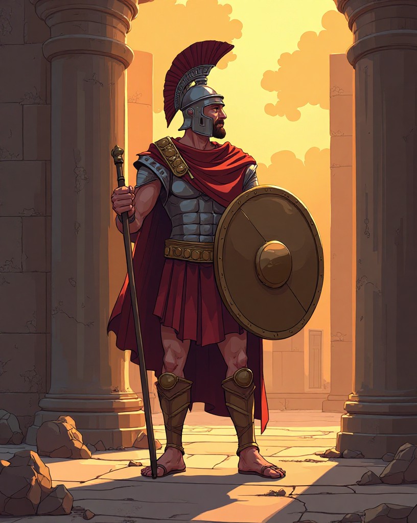 The Spartan king standing defiant before his shield wall, spear grounded.