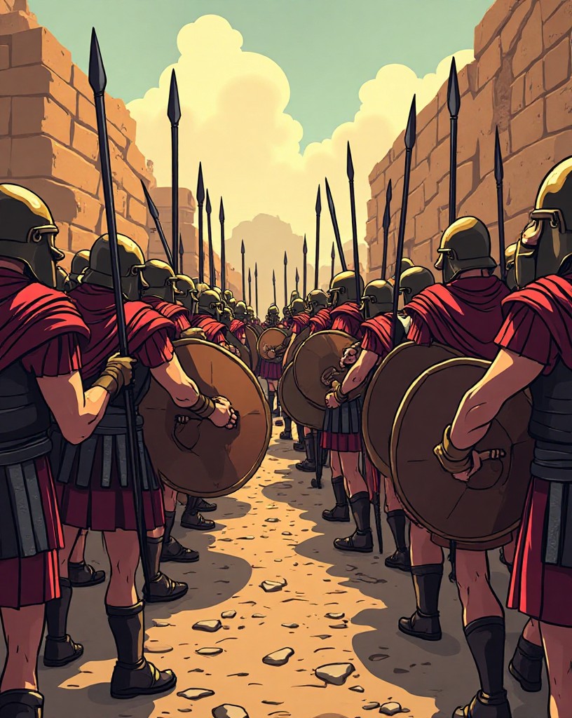 Armored Greeks holding back a crush of attackers in the narrow pass.