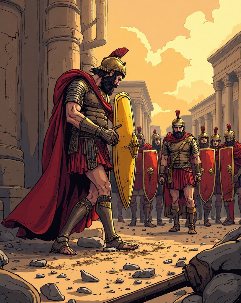 Elite Persian guards recoiling from the Greek shield wall amid the fallen.