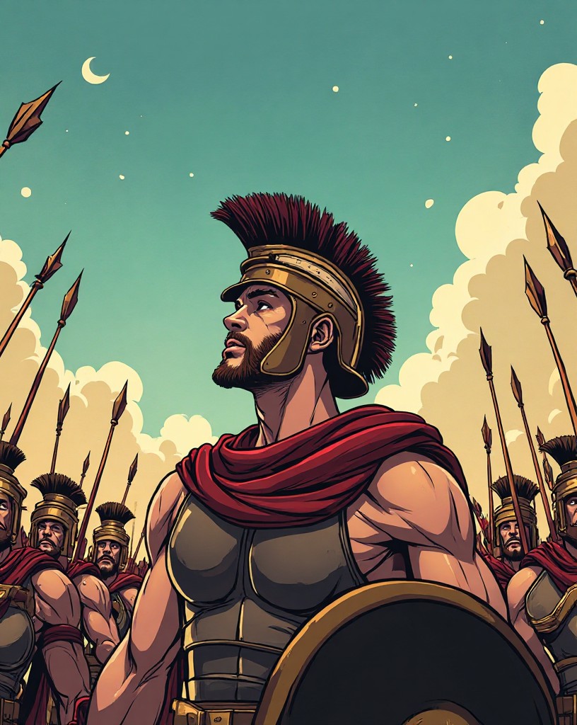 A Spartan warrior looking up at a sky full of arrows, unflinching.