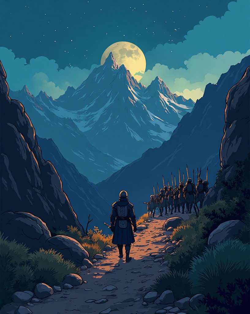 A furtive guide leading soldiers along a hidden mountain path at night.