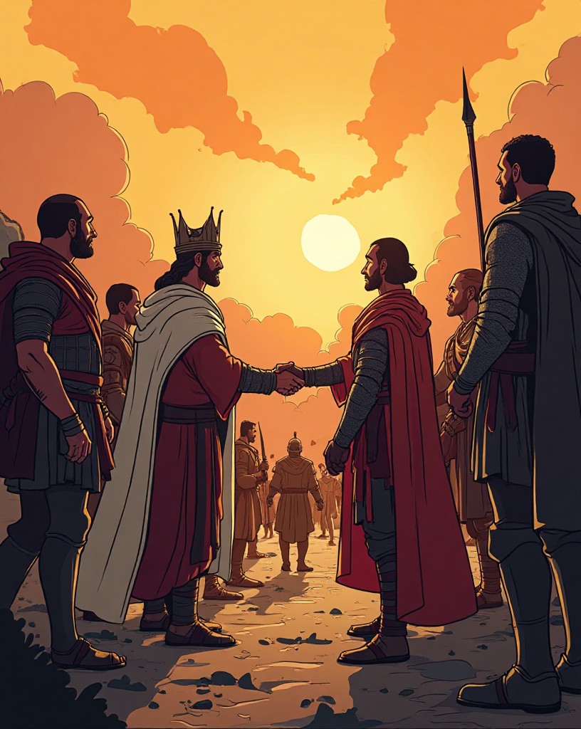 A king parting with departing allies as a small band stays behind in the pass.