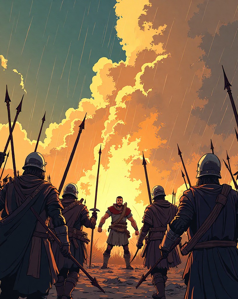A few warriors making a final desperate stand on open ground under raining arrows.