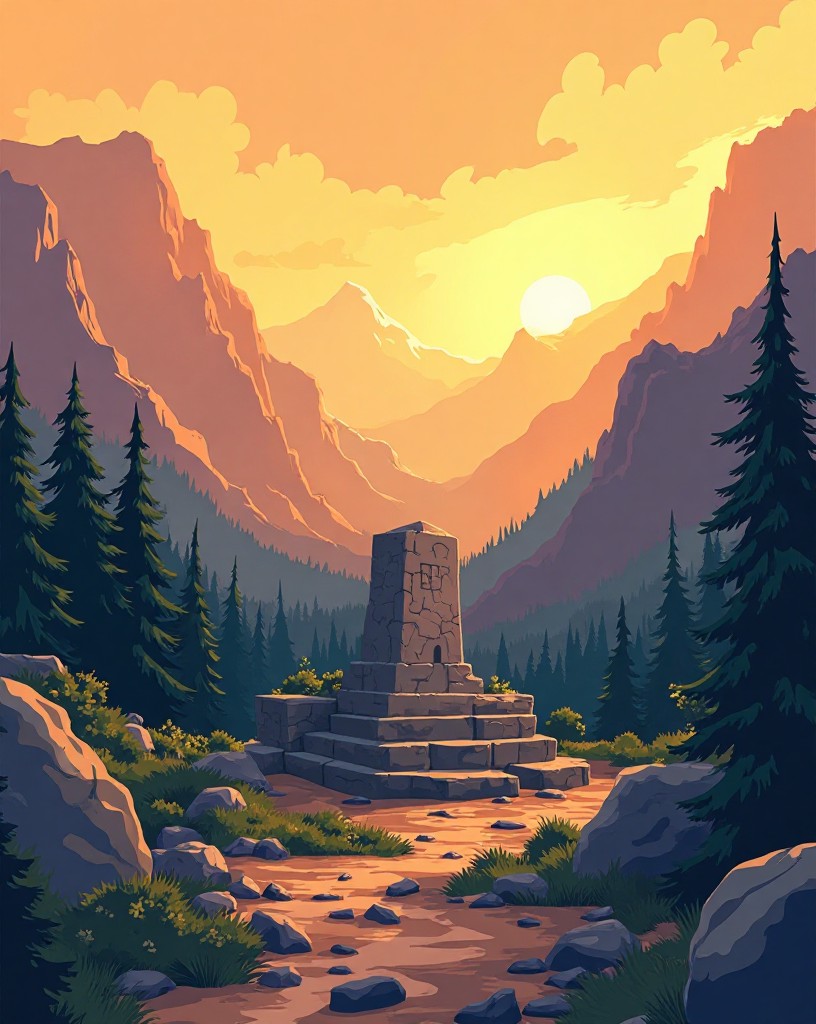 A simple stone memorial standing in the quiet pass at golden hour.