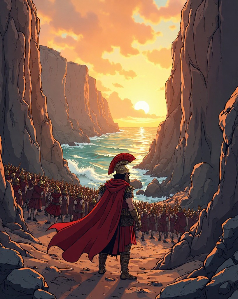 A Spartan king in crested helmet and red cloak standing in a narrow pass before a vast army, cel-shaded comic art.